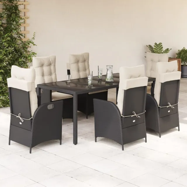Ensemble à manger de jardin coussins 7pcs Noir Résine tressée