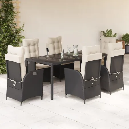 Ensemble à manger de jardin coussins 7pcs Noir Résine tressée