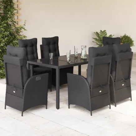 Ensemble à manger de jardin coussins 7pcs Noir Résine tressée