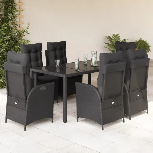 Ensemble à manger de jardin coussins 7pcs Noir Résine tressée