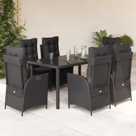 Ensemble à manger de jardin coussins 7pcs Noir Résine tressée