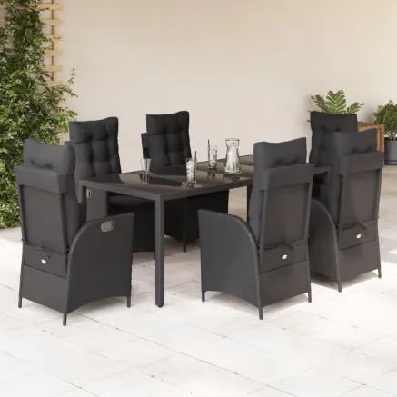 Ensemble à manger de jardin coussins 7pcs Noir Résine tressée