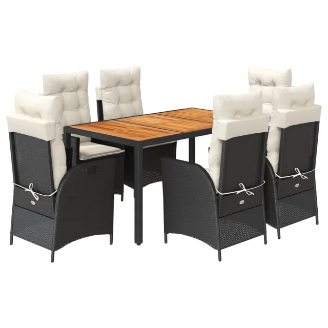 Ensemble à manger de jardin coussins 7pcs Noir Résine tressée