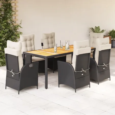 Ensemble à manger de jardin coussins 7pcs Noir Résine tressée