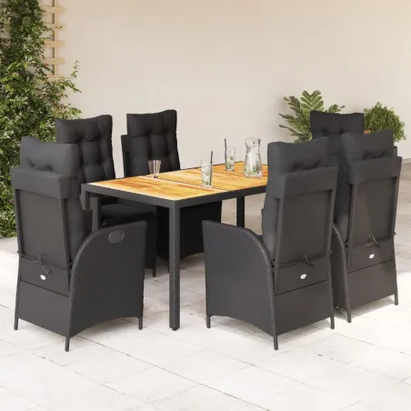 Ensemble à manger de jardin coussins 7pcs Noir Résine tressée