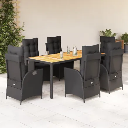 Ensemble à manger de jardin coussins 7pcs Noir Résine tressée