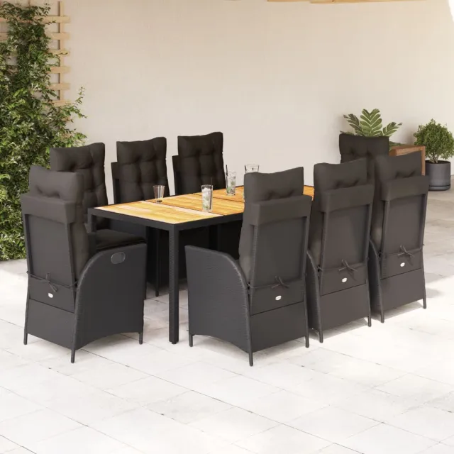 Ensemble à manger de jardin 9pcs coussins noir résine tressée