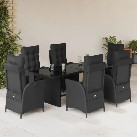 Ensemble à manger de jardin coussins 7pcs Noir Résine tressée
