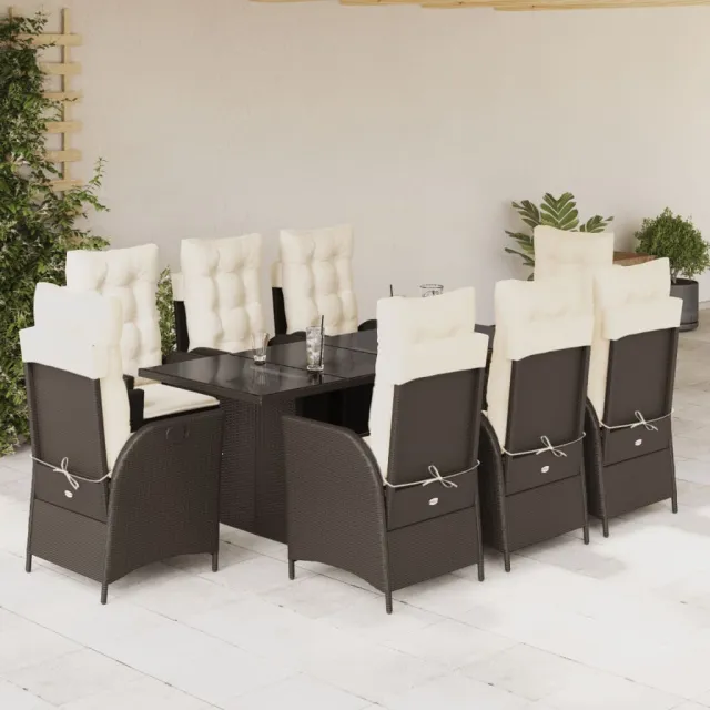 Ensemble à manger de jardin et coussins 9 pcs marron poly rotin