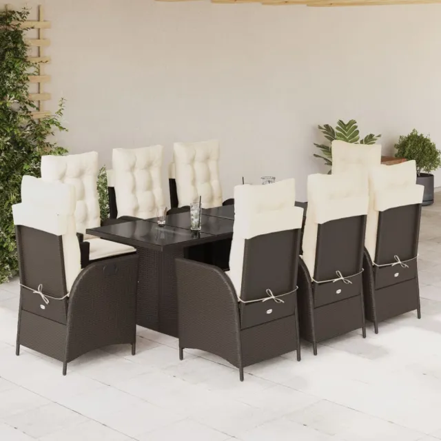 Ensemble à manger de jardin et coussins 9 pcs marron poly rotin