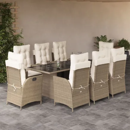 Ensemble à manger de jardin et coussins 9 pcs beige Poly rotin