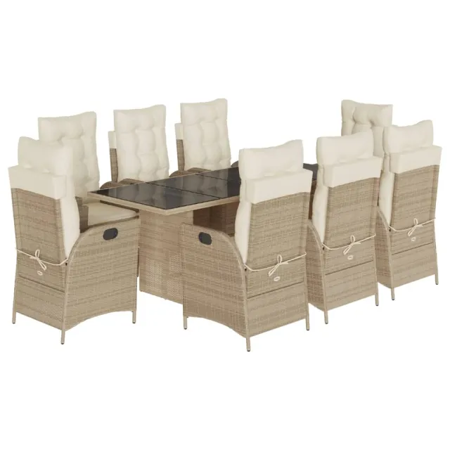 Ensemble à manger de jardin et coussins 9 pcs beige Poly rotin
