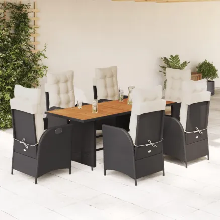 Ensemble à manger de jardin coussins 7pcs Noir Résine tressée