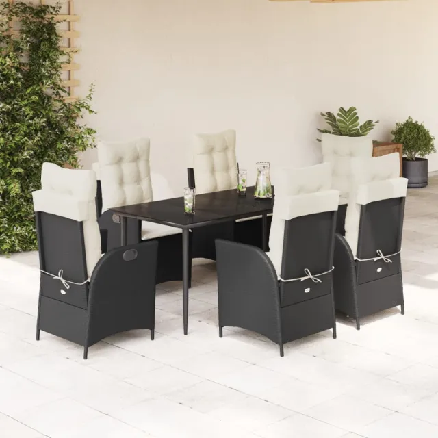 Ensemble à manger de jardin coussins 7pcs Noir Résine tressée