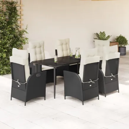 Ensemble à manger de jardin coussins 7pcs Noir Résine tressée