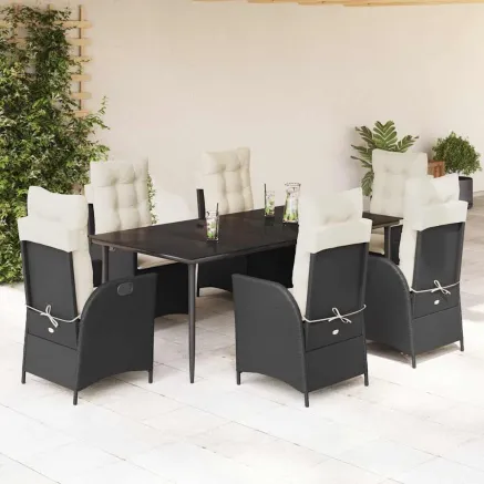 Ensemble à manger de jardin coussins 7pcs Noir Résine tressée