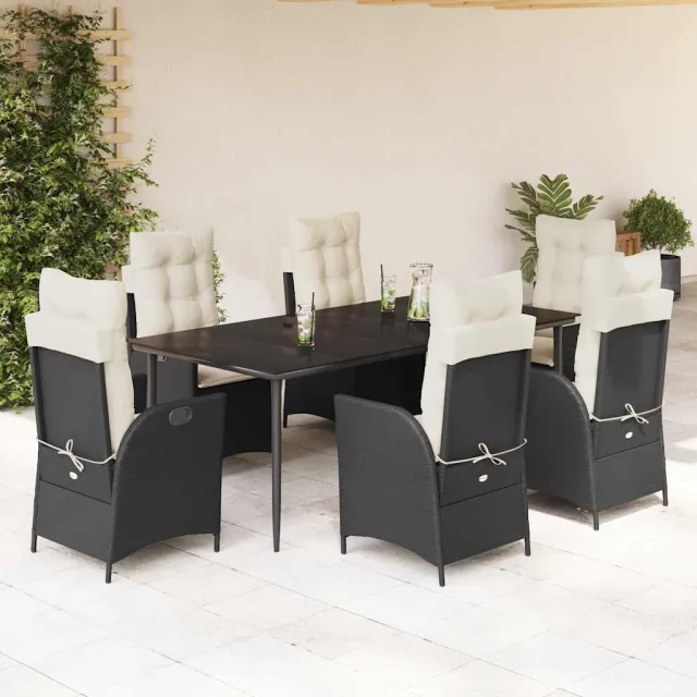 Ensemble à manger de jardin coussins 7pcs Noir Résine tressée