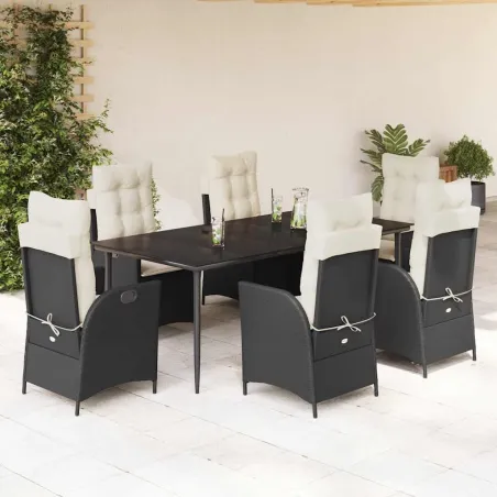 Ensemble à manger de jardin coussins 7pcs Noir Résine tressée