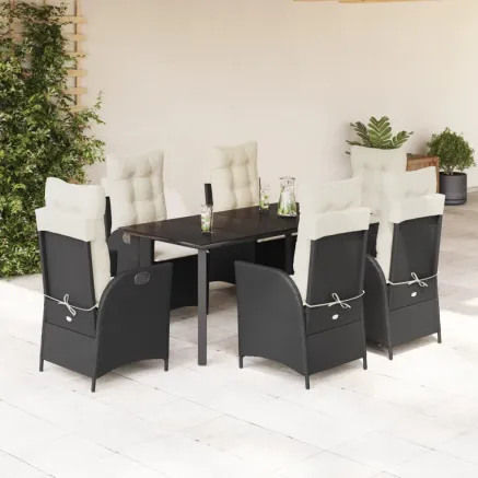 Ensemble à manger de jardin coussins 7pcs Noir Résine tressée