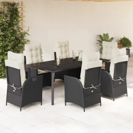Ensemble à manger de jardin coussins 7pcs Noir Résine tressée