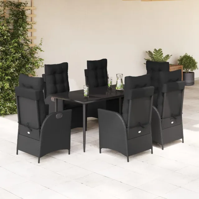 Ensemble à manger de jardin coussins 7pcs Noir Résine tressée