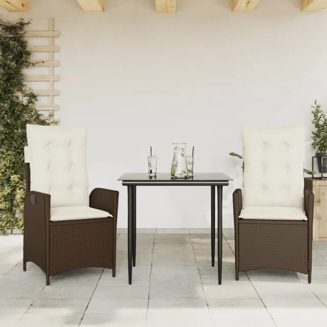 Ensemble à manger de jardin 3 pcs et coussins marron poly rotin