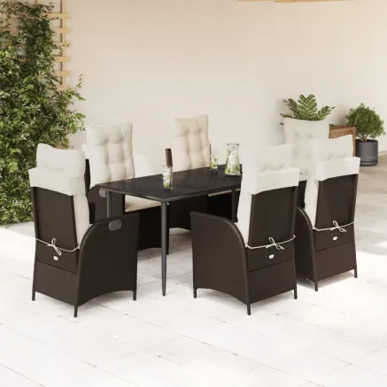 Ensemble à manger de jardin et coussins 7 pcs marron rotin