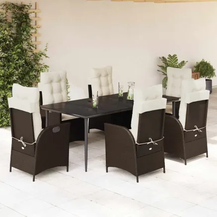 Ensemble à manger de jardin et coussins 7 pcs marron rotin