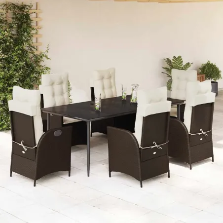 Ensemble à manger de jardin et coussins 7 pcs marron rotin