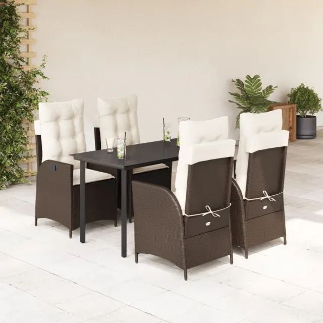 Ensemble à manger de jardin 5 pcs et coussins marron poly rotin