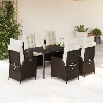 Ensemble à manger de jardin et coussins 7 pcs marron rotin