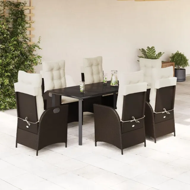 Ensemble à manger de jardin et coussins 7 pcs marron rotin