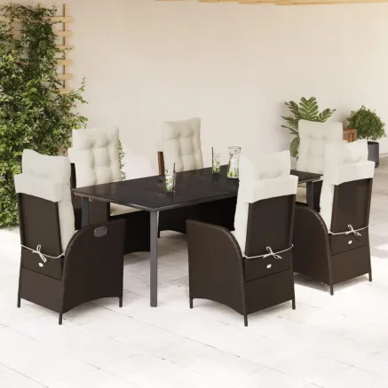 Ensemble à manger de jardin et coussins 7 pcs marron rotin