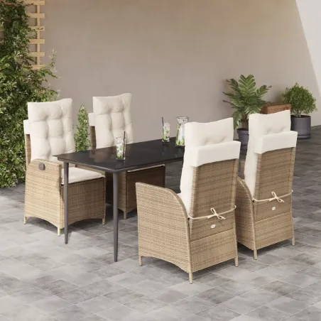 Ensemble à manger de jardin avec coussins 5pcs Beige poly rotin