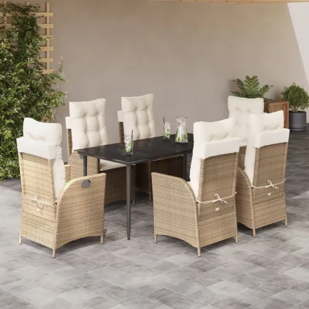 Ensemble à manger de jardin et coussins 7 pcs beige poly rotin