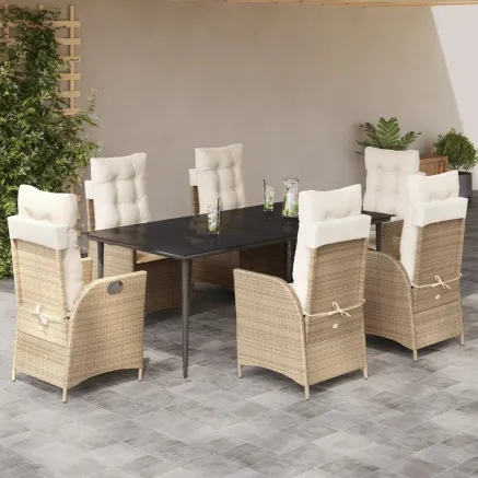 Ensemble à manger de jardin et coussins 7 pcs beige poly rotin