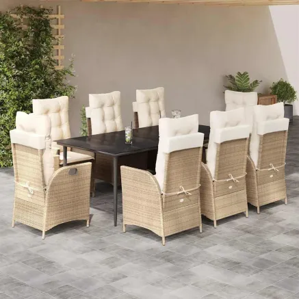 Ensemble à manger de jardin et coussins 9 pcs beige Poly rotin