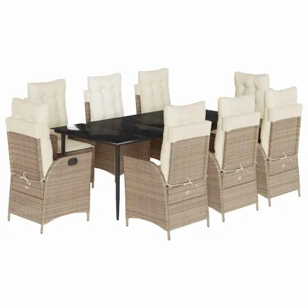 Ensemble à manger de jardin et coussins 9 pcs beige Poly rotin 2