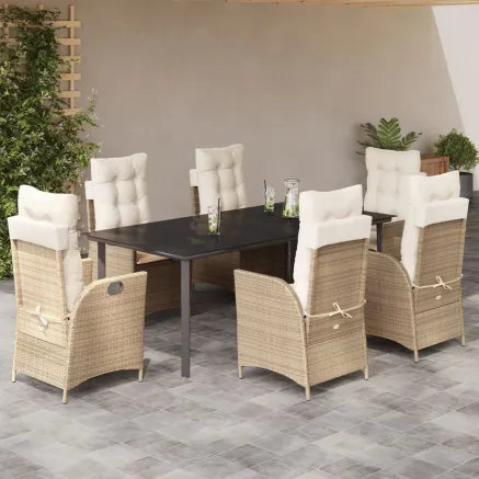 Ensemble à manger de jardin et coussins 7 pcs beige poly rotin