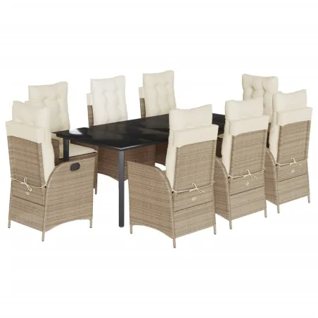 Ensemble à manger de jardin et coussins 9 pcs beige Poly rotin