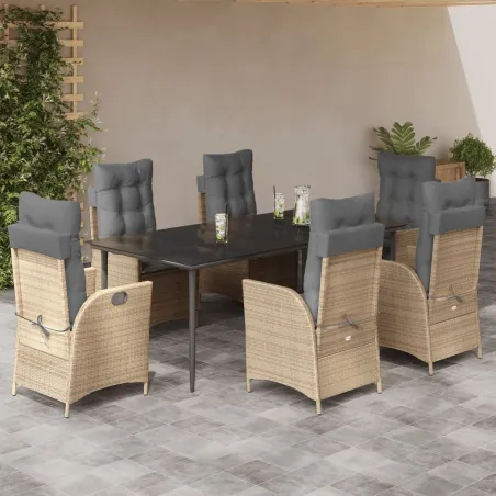 Ensemble à manger de jardin et coussins 7 pcs beige poly rotin
