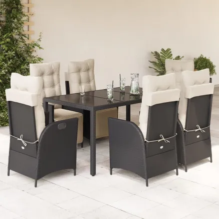 Ensemble à manger de jardin coussins 7pcs Noir Résine tressée