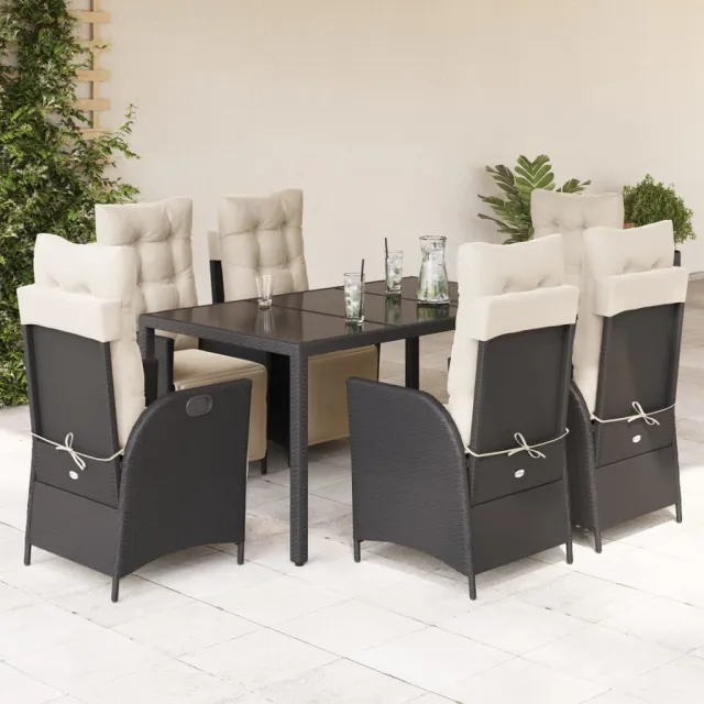 Ensemble à manger de jardin coussins 7pcs Noir Résine tressée