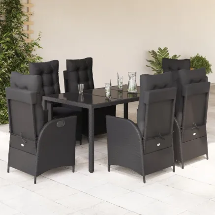 Ensemble à manger de jardin coussins 7pcs Noir Résine tressée
