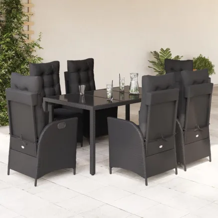 Ensemble à manger de jardin coussins 7pcs Noir Résine tressée