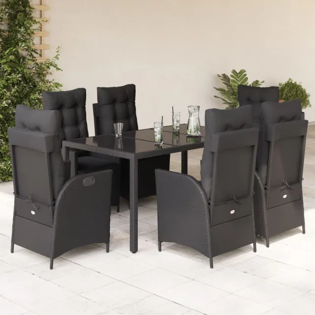 Ensemble à manger de jardin coussins 7pcs Noir Résine tressée