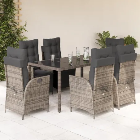 Ensemble à manger de jardin et coussins 7 pcs gris rotin