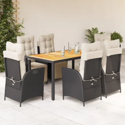 Ensemble à manger de jardin coussins 7pcs Noir Résine tressée