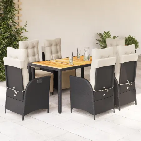 Ensemble à manger de jardin coussins 7pcs Noir Résine tressée