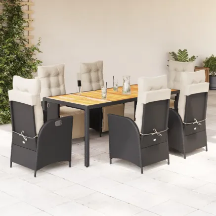 Ensemble à manger de jardin coussins 7pcs Noir Résine tressée